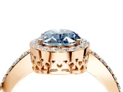 Halo Engagement Ring Setting for Fancy Blue Oval Center with Heart-Shaped Openwork, Pave Band and Prong Head in Rose Gold