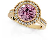 Halo Engagement Ring Setting for Fancy Pink Round Cut Center with Milgrain Halo, Pave Band and Prong Head in Yellow Gold