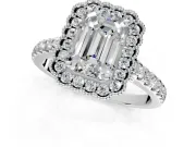 Milgrain Floral Halo Engagement Ring Setting for Emerald Cut Center with Pave Band and Prong Head in Platinum