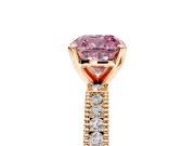 Solitaire Engagement Ring Setting for Fancy Pink Cushion Cut Center with Milgrain-Edged Pave Band and Prong Head in Rose Gold