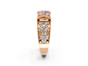Pave Engagement Ring Setting for Fancy Pink Radiant Cut Center with Curved Accent Rows, Openwork and Prong Head in Rose Gold
