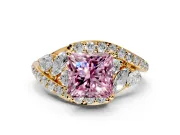 Halo Engagement Ring Setting for Fancy Pink Princess Cut Center with Marquise and Pave Bypass Band and Prong Head in Yellow Gold