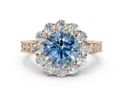 Halo Engagement Ring Setting for Fancy Blue Round Cut Center with Milgrain Channel Band and Prong Head in Rose Gold