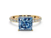 Hidden Halo Engagement Ring Setting for Fancy Blue Princess Cut Center with Pave Band and Prong Head in Yellow Gold