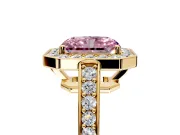 Bezel-Framed Halo Engagement Ring Setting for Fancy Pink Radiant Cut Center with Pave Band and Prong Head in Yellow Gold