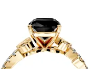 Leaf Motif Engagement Ring Setting for Fancy Black Cushion Cut Center with Pave Band and Prong Head in Yellow Gold
