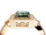 Halo Engagement Ring Setting for Fancy Green Radiant Cut Center with Milgrain Rim, Pave Band and Prong Head in Rose Gold