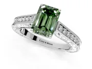 Solitaire Engagement Ring Setting for Fancy Green Emerald Cut Center with Engraved Pave Band and Prong Head in White Gold