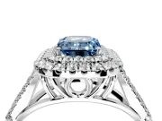 Double Halo Engagement Ring Setting for Fancy Blue Emerald Cut Center with Narrow Pave Split Shank and Prong Head in Platinum