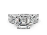 3 Stone Engagement Ring Setting for Asscher Cut Center with Pave Twist Band and Prong Head in Platinum