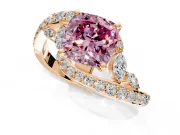 Solitaire Engagement Ring Setting for Fancy Pink Cushion Cut Center with Pave Bypass Twist Band and Prong Head in Rose Gold