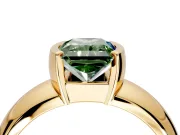Tension Engagement Ring Setting for Fancy Green Radiant Cut Center with Wide Flat Band and Tension Head in Yellow Gold
