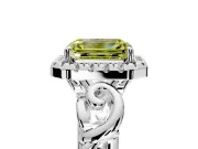 Halo Engagement Ring Setting for Fancy Yellow Emerald Cut Center with Open Scroll Shoulders and Prong Head in Sterling Silver