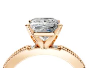 Solitaire Engagement Ring Setting for Princess Cut Center with Milgrain-Edged Pave Band and Prong Head in Rose Gold