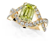 Halo Engagement Ring Setting for Fancy Yellow Emerald Cut Center with Pave Infinity Twist Band and Prong Head in Yellow Gold