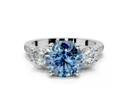 3 Stone Engagement Ring Setting for Fancy Blue Round Cut Center with Crossover Basket, Pave Band and Prong Head in Sterling Silver