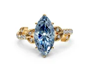 Leaf Motif Engagement Ring Setting for Fancy Blue Marquise Center with Pave Band and Prong Head in Yellow Gold