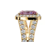 Halo Engagement Ring Setting for Fancy Pink Emerald Cut Center with Narrow Pave Split Shank and Prong Head in Yellow Gold