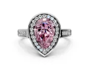Halo Engagement Ring Setting for Fancy Pink Pear-Shaped Center with Outer Bezel Rim, Pave Band and Prong Head in Platinum