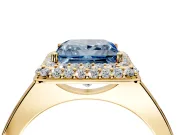 Halo Engagement Ring Setting for Fancy Blue Princess Cut Center with Plain Tapered Band and Prong Head in Yellow Gold