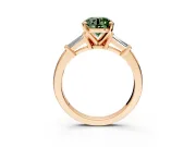 3 Stone Engagement Ring Setting for Fancy Green Round Cut Center with Channel Baguette Accents and Prong Head in Rose Gold