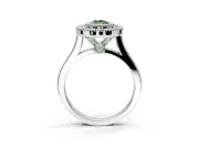 Halo Engagement Ring Setting for Fancy Green Pear-Shaped Center with Milgrain Frame, Pave Band and Prong Head in Sterling Silver