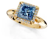 Halo Engagement Ring Setting for Fancy Blue Princess Cut Center with Tapered Plain Band and Prong Head in Yellow Gold