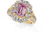 Large Accent Halo Engagement Ring Setting for Fancy Pink Emerald Cut Center with Pave Split Shank and Prong Head in Yellow Gold