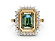 Halo Engagement Ring Setting for Fancy Green Emerald Cut Center with Milgrain Bezel Rim, Plain Band and Prong Head in Yellow Gold