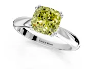 Solitaire Engagement Ring Setting for Fancy Yellow Cushion Cut Center with Reverse Tapered Band and Prong Head in Platinum