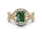Halo Engagement Ring Setting for Fancy Green Emerald Cut Center with Pave Infinity Twist Band and Prong Head in Yellow Gold