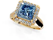 Halo Engagement Ring Setting for Fancy Blue Princess Cut Center with Square Band and Prong Head in Yellow Gold