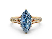 Solitaire Engagement Ring Setting for Fancy Blue Marquise Center with Pave Rail Split Shank and Prong Head in Yellow Gold