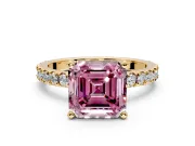Solitaire Engagement Ring Setting for Fancy Pink Asscher Cut Center with Fine Pave Band and Claw Prong Head in Yellow Gold