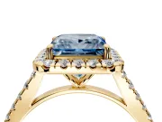 Halo Engagement Ring Setting for Fancy Blue Princess Cut Center with Narrowing Pave Band and Prong Head in Yellow Gold