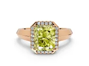 Halo Engagement Ring Setting for Fancy Yellow Radiant Cut Center with Knife Ridge Cathedral Band and Prong Head in Rose Gold
