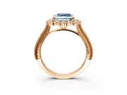 Milgrain Halo Engagement Ring Setting for Fancy Blue Asscher Cut Center with Bezel Point Accents and Prong Head in Rose Gold