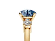 3 Stone Engagement Ring Setting for Fancy Blue Round Cut Center with Wide Plain Band and Prong Head in Yellow Gold