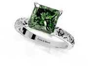 Solitaire Engagement Ring Setting for Fancy Green Princess Cut Center with XO Engraved Band and Prong Head in Platinum