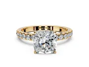 Open Basket Engagement Ring Setting for Cushion Cut Center with Pave Band and Prong Head in Yellow Gold