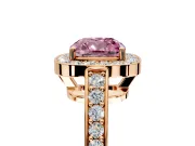 Bezel-Framed Halo Engagement Ring Setting for Fancy Pink Cushion Cut Center with Pave Band and Prong Head in Rose Gold