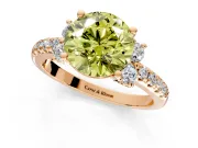 Paired Accent Engagement Ring Setting for Fancy Yellow Round Cut Center with Pave Band and Prong Head in Rose Gold