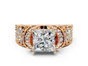 Pave Engagement Ring Setting for Princess Cut Center with Curved Accent Rows, Openwork and Prong Head in Rose Gold