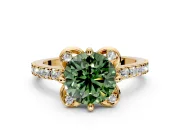 Floral Engagement Ring Setting for Fancy Green Round Cut Center with Pave Band and Floral Prong Head in Yellow Gold