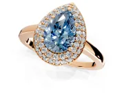 Halo Engagement Ring Setting for Fancy Blue Pear-Shaped Center with Plain Tapered Band and Prong Head in Rose Gold