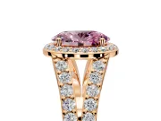 Halo Engagement Ring Setting for Fancy Pink Oval Center with Narrow Pave Split Shank and Prong Head in Rose Gold