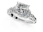 Solitaire Engagement Ring Setting for Princess Cut Center with Filigree Band and Prong Head in Platinum