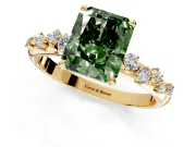 Cluster Engagement Ring Setting for Fancy Green Radiant Cut Center with Round Cut Accent Band and Prong Head in Yellow Gold