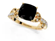 Leaf Motif Engagement Ring Setting for Fancy Black Cushion Cut Center with Pave Band and Prong Head in Yellow Gold
