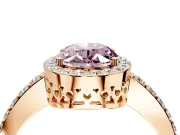 Halo Engagement Ring Setting for Fancy Pink Oval Center with Heart-Shaped Openwork, Pave Band and Prong Head in Rose Gold